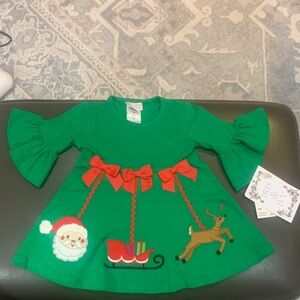 Nordstrom Iris & Ivy Holiday Dress w/ Santa, Reindeer & Sleigh Accents & Bows